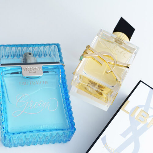 Engraved fragrances by KeeKee Creates for bride and groom, YSL Libre and Versace Man.