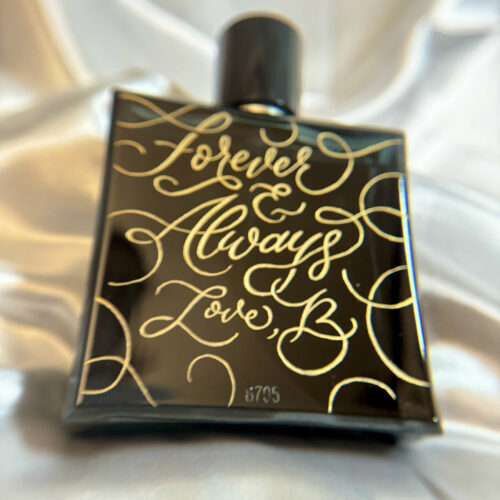 Engraved Chanel Bleu perfume with swashed calligraphy by KeeKee Creates.