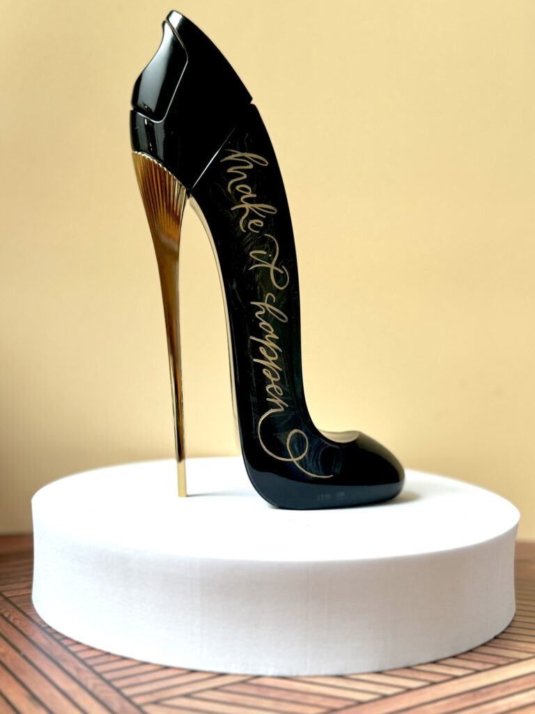 Engraved Good Girl perfume by KeeKee Creates with 'Make it happen' calligraphy filled in gold.