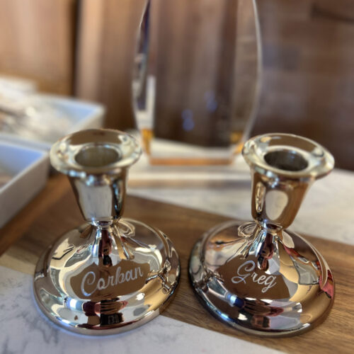 Engraved metal candle holders by KeeKee Creates.