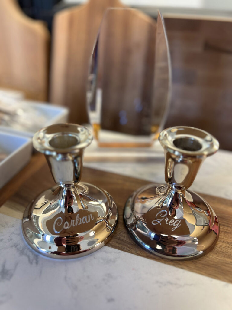 Engraved metal candle holders by KeeKee Creates.