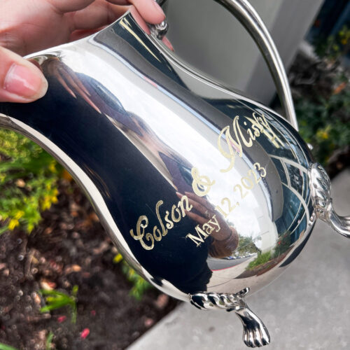 Engraved antique silver pitcher by KeeKee Creates for a wedding gift.