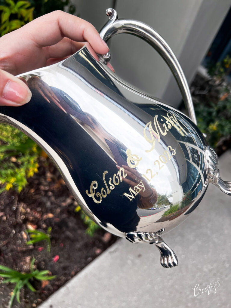 Engraved antique silver pitcher by KeeKee Creates for a wedding gift.