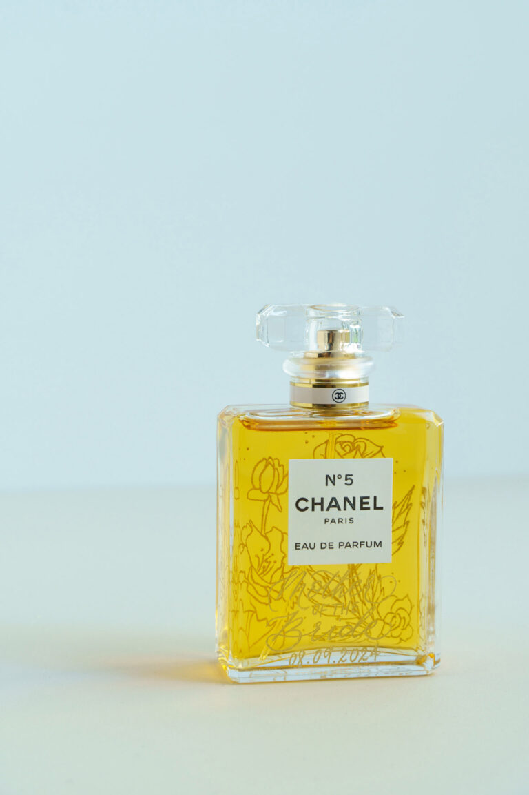 Engraved Chanel No. 5 with floral design filled with gold by KeeKee Creates.