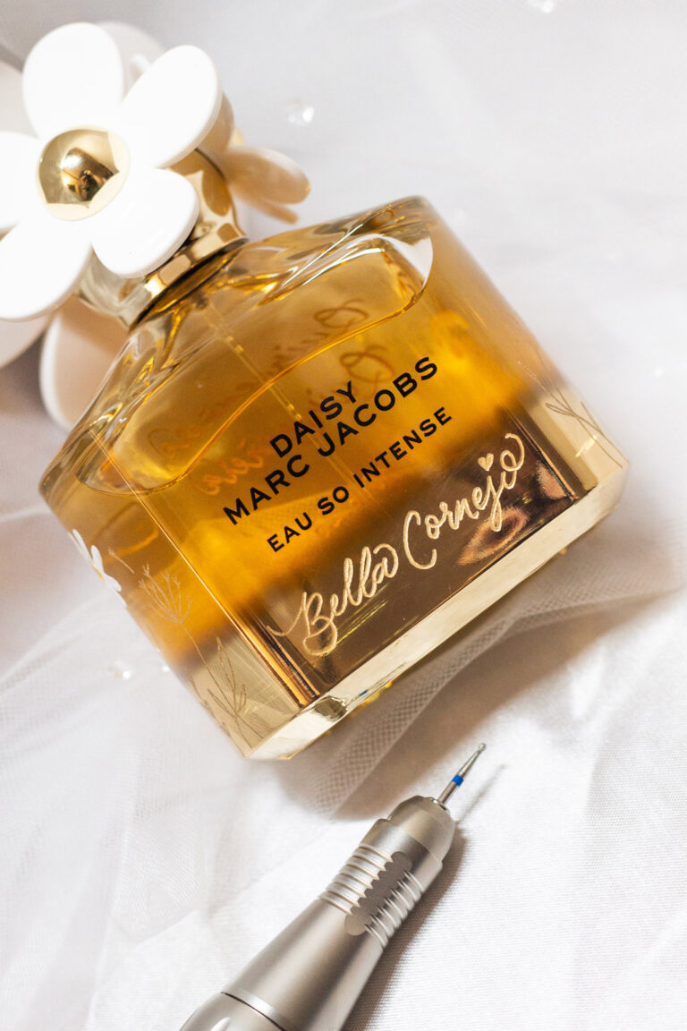 Engraved Daisy Marc Jacobs fragrance for quinceañera by KeeKee Creates, gold-filled.
