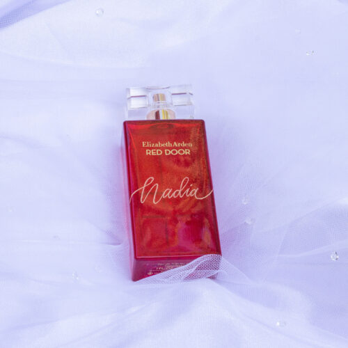 Engraved Elizabeth Arden Red Door fragrance bottle by KeeKee Creates with gold filled name.