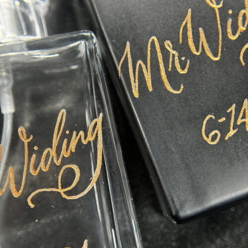 Engraved refillable perfume bottles by KeeKee Creates with Mr. and Mrs. names for a wedding gift.