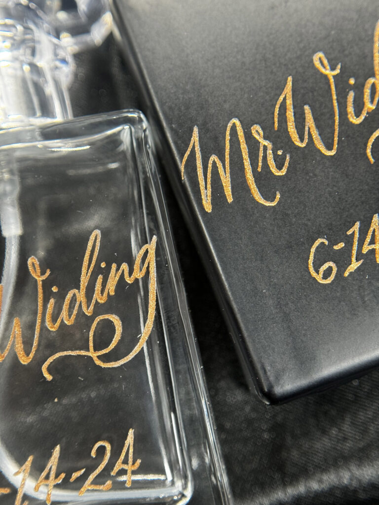 Engraved refillable perfume bottles by KeeKee Creates with Mr. and Mrs. names for a wedding gift.