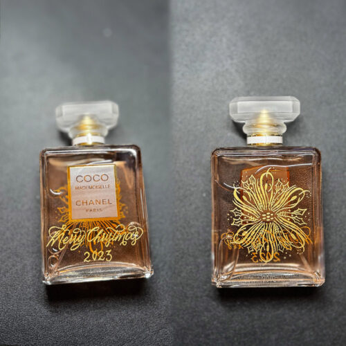 Engraved Coco Mademoiselle fragrance with Christmas star design by KeeKee Creates, filled in gold.