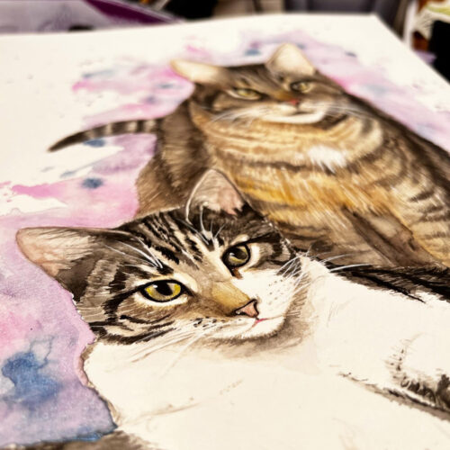 Handpainted by KeeKee Creates, featuring watercolor portraits of two cats.