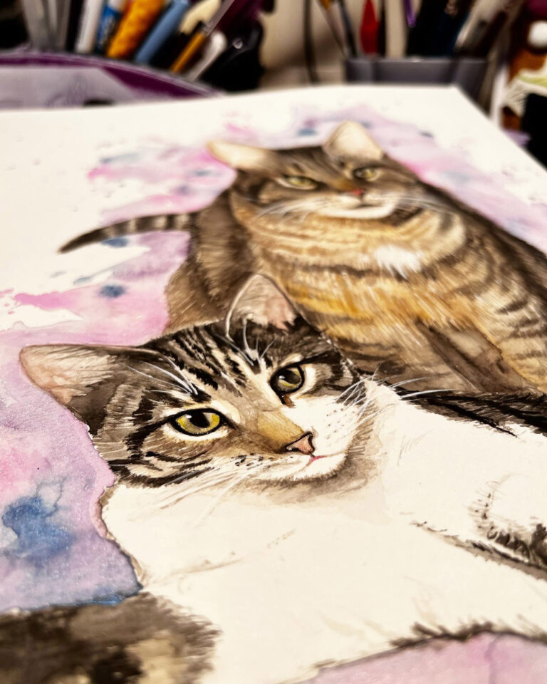Handpainted by KeeKee Creates, featuring watercolor portraits of two cats.