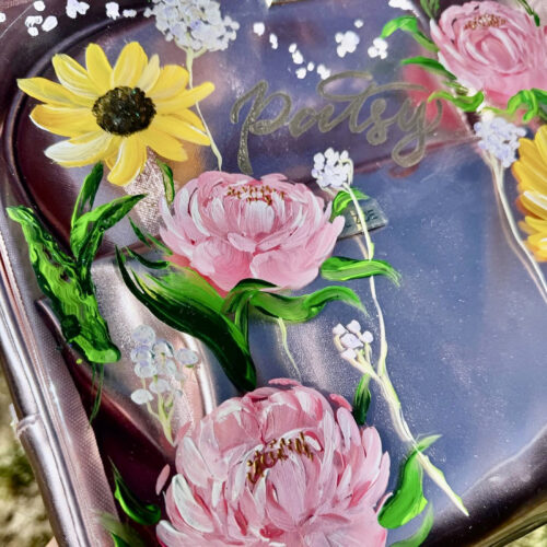 Acrylic painted bag by KeeKee Creates, showcasing floral design.