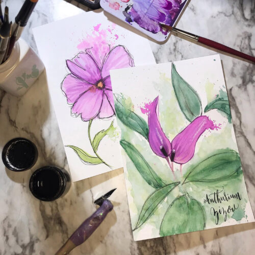 Handmade card by KeeKee Creates, featuring a watercolor pink anthurium zizou flower.