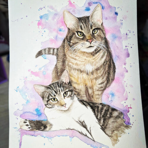 Handpainted by KeeKee Creates, featuring watercolor portraits of two cats.