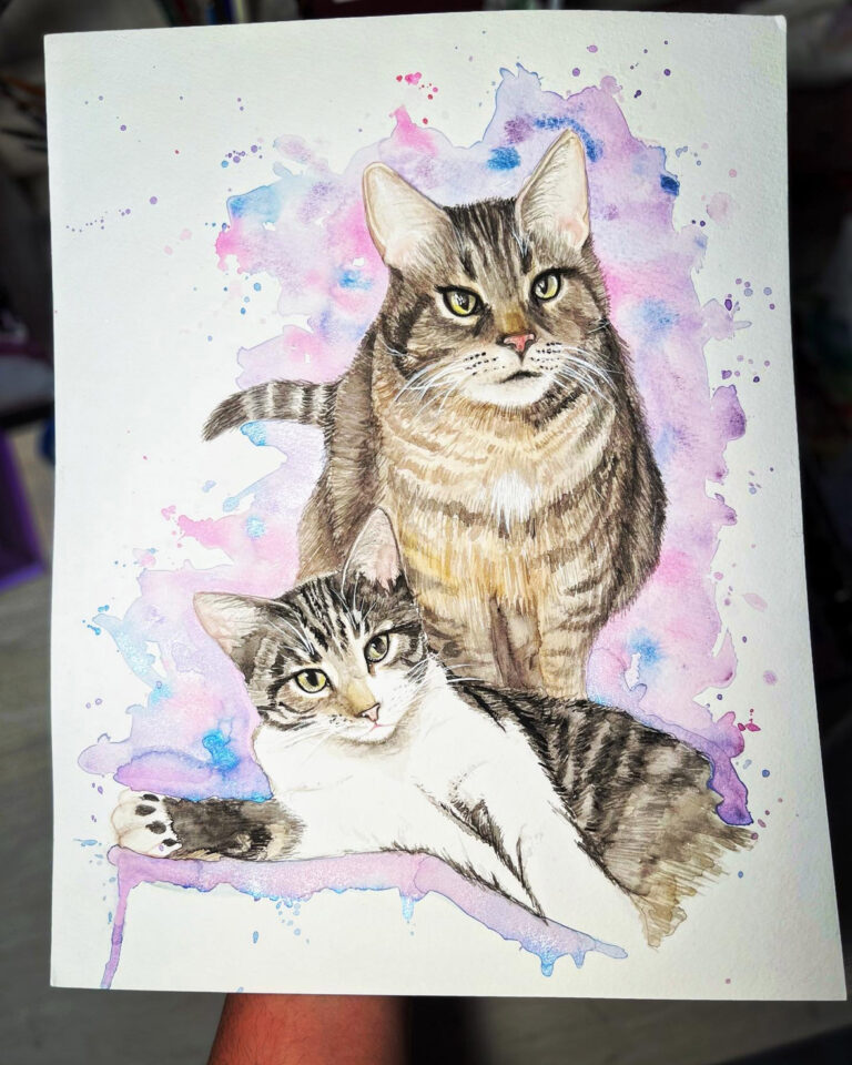 Handpainted by KeeKee Creates, featuring watercolor portraits of two cats.