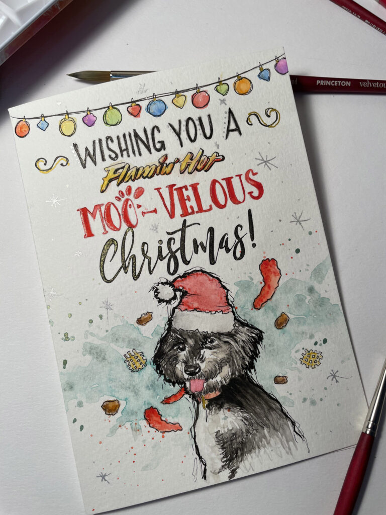 Watercolor Christmas card with dog in Santa hat surrounded by Hot Cheetos and Chick-fil-A food, with 'Wishing you a flamin=hot moo-velous Christmas' message