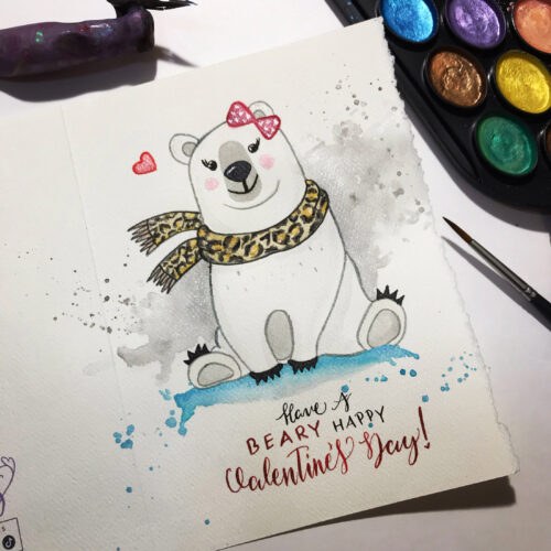 Handmade card by KeeKee Creates, featuring a watercolor polar bear with balloons.