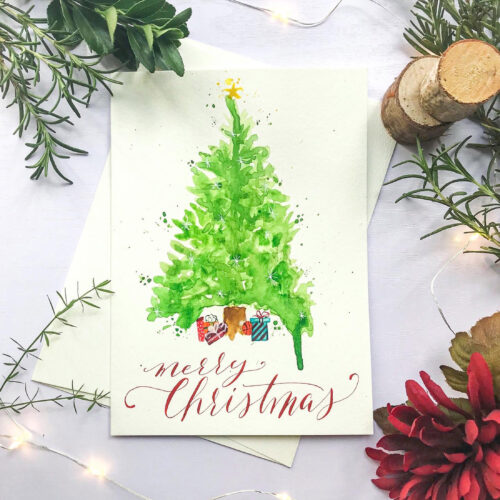 Handmade Christmas card by KeeKee Creates, featuring a watercolor Christmas tree.