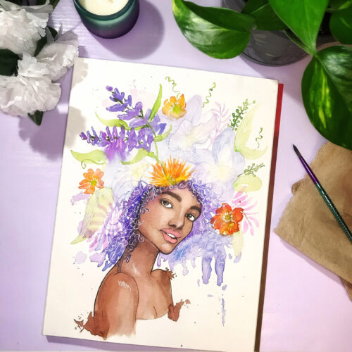 Watercolor portrait of a woman with colorful floral crown