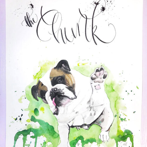 Watercolor illustration of a bulldog with 'The Chunk' calligraphy title