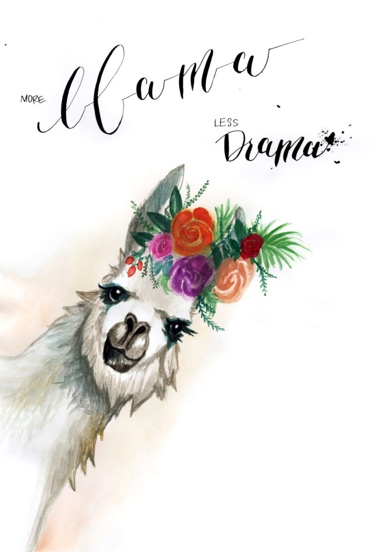 Watercolor illustration of a llama with floral crown and 'More Llama Less Drama' text