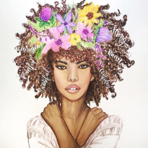 Watercolor illustration of a woman with curly hair adorned with colorful flowers and empowering words