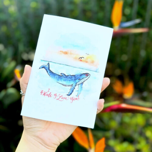 Handmade watercolor greeting card featuring a blue whale and 'I whale-y love you' pun