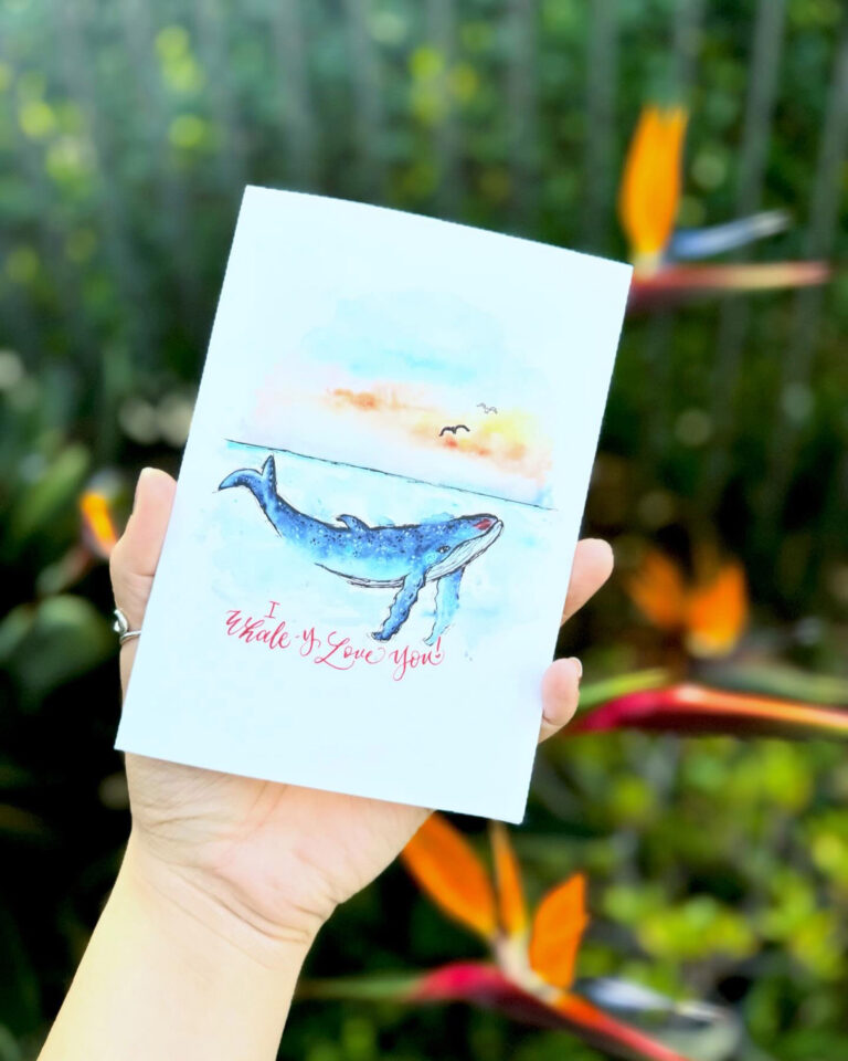 Handmade watercolor greeting card featuring a blue whale and 'I whale-y love you' pun