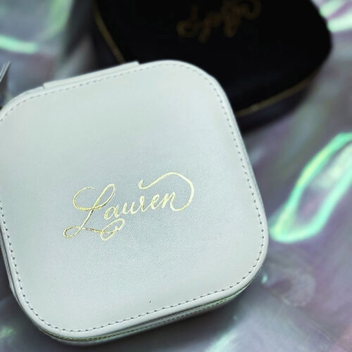 Custom white leather jewelry case with 'Lauren' engraved in gold foil by KeeKee Creates