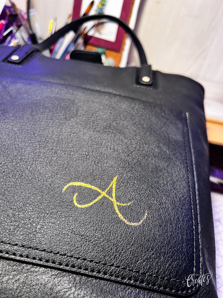 Custom black leather bag with gold foil monogram initial 'A' by KeeKee Creates