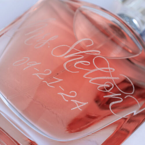 Lancome La Vie Est Belle bottle engraved for bride by KeeKee Creates, close-up.