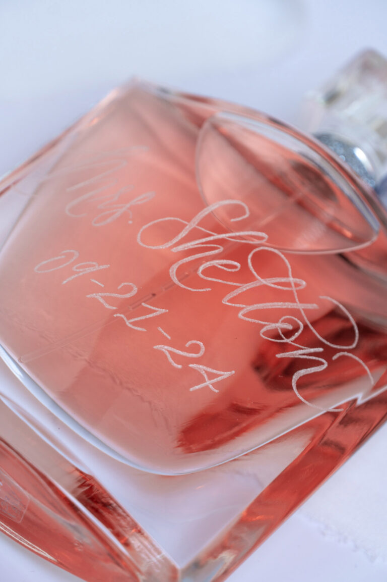 Lancome La Vie Est Belle bottle engraved for bride by KeeKee Creates, close-up.