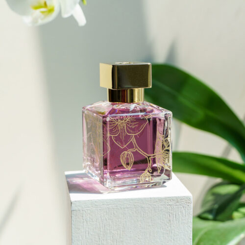 Maison Francis Kurkdjian Gentle Fluidity bottle engraved with gold-filled orchids by KeeKee Creates.