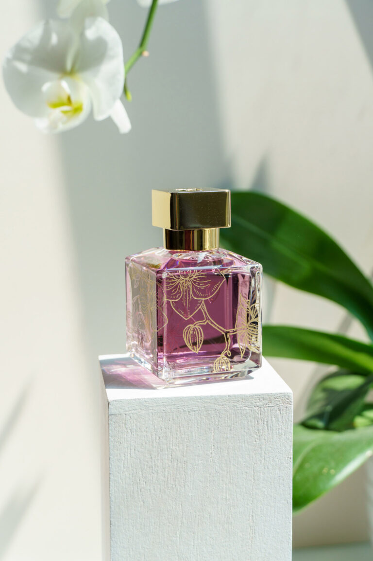 Maison Francis Kurkdjian Gentle Fluidity bottle engraved with gold-filled orchids by KeeKee Creates.