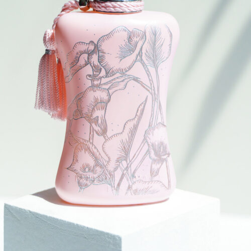 Perfume de Marly bottle engraved with silver-filled florals by KeeKee Creates.