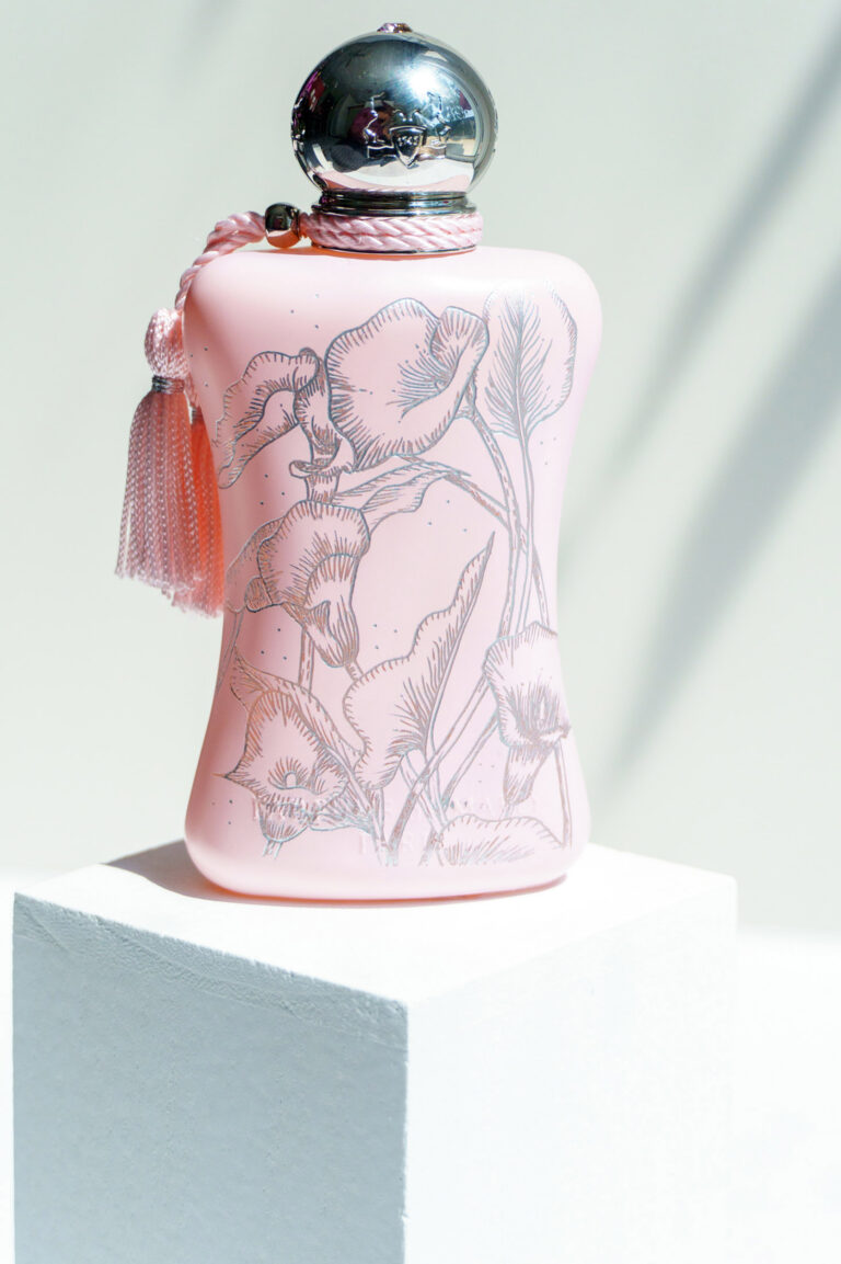 Perfume de Marly bottle engraved with silver-filled florals by KeeKee Creates.